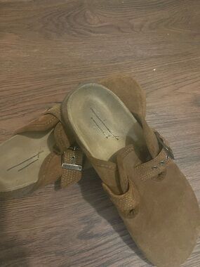Suede Brown Slip-On Clogs with Buckle Accent